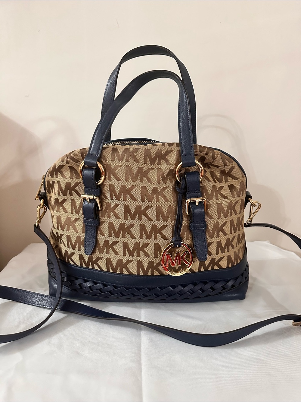 Michael Kors Brown MK Logo Satchel with Navy Trim